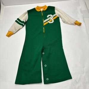 VTG Doe Spun Boys 18 Mos Green Yellow One Piece Long Sleeve Varsity Sporty Retro